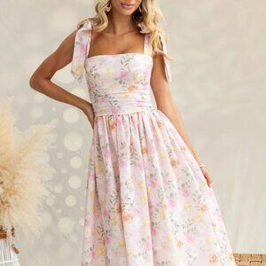 Printed Tie Shoulder Midi Cami Dress | Formal Sleeveless A-Line Floral Dress